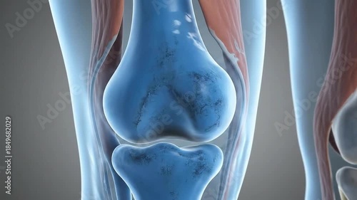 Detailed 3D medical animation of a healthy knee joint showing bone cartilage and muscle structures with dynamic fluid simulation in a neutral gray