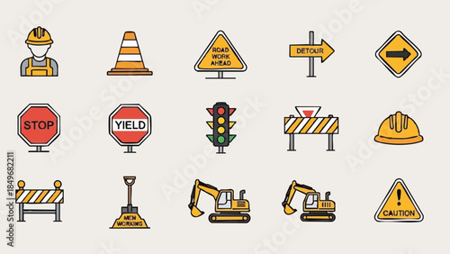 roadwork icons set construction signs and symbols.