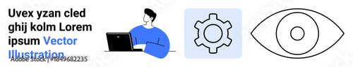 Man working on a laptop, gear for settings, and eye for visibility. Ideal for workflow, productivity, design process, tech solutions, UIUX, accessibility simple landing page