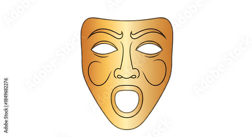 Golden theatrical mask expressing surprise and drama, isolated on white background