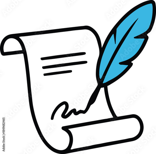 A blue feather quill signing a rolled parchment scroll, classic and symbolic vector illustration

