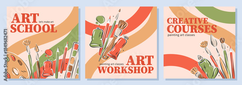 Art school, Creative courses, Art workshop. Set banner with art tools, creative hobby accessories. Vector illustration for poster, cover, advertisement.
