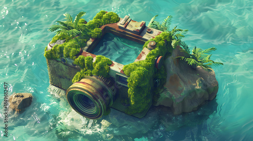 3d Isometric Low poly clay style giant vintage camera