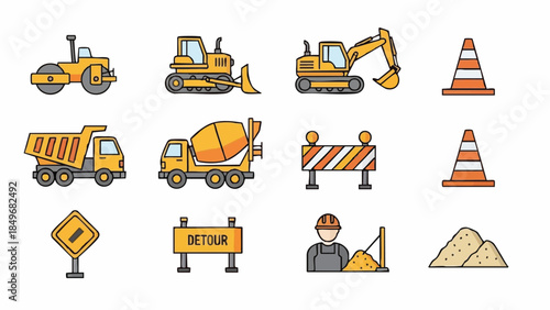 construction icons set with machinery and warning signs.