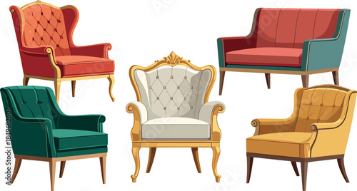 Luxury Vintage Armchairs and Sofas Set for Classic Interior Furniture Design Illustration