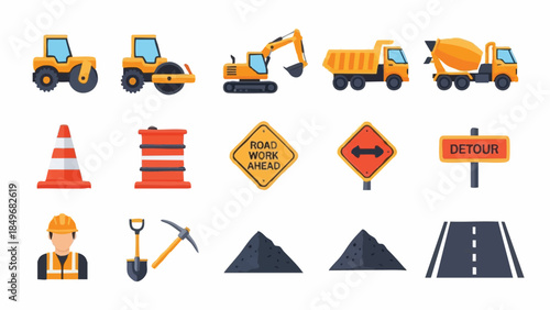 Construction Equipment and Roadwork Icons Set.