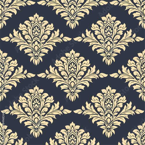 Ornate vintage victorian damask seamless wallpaper pattern featuring antique floral ornaments and baroque textile art texture for a retro fabric design backdrop