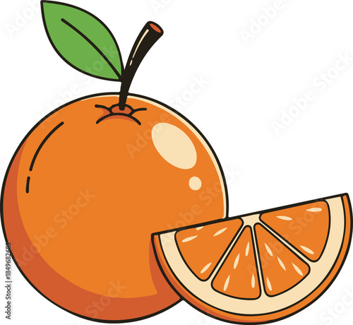 A whole orange and a juicy wedge, bright and citrusy vector illustration

