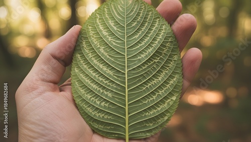 Hand holding a large green leaf outdoors.