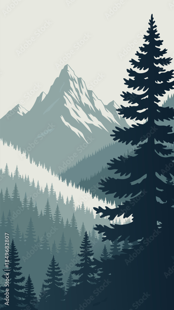 Fototapeta premium Majestic Minimalist Mountain Landscape with Dense Pine Forest Illustration - Serene Nature Scenery