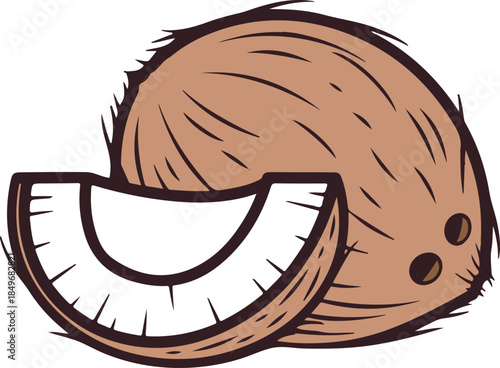 A whole coconut and a sliced wedge revealing white flesh, tropical and rustic vector illustration


