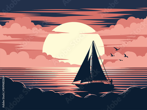 Serene sailboat on calm ocean waters at sunset, silhouetted by a large sun and flying birds, capturing tranquil maritime beauty and freedom
