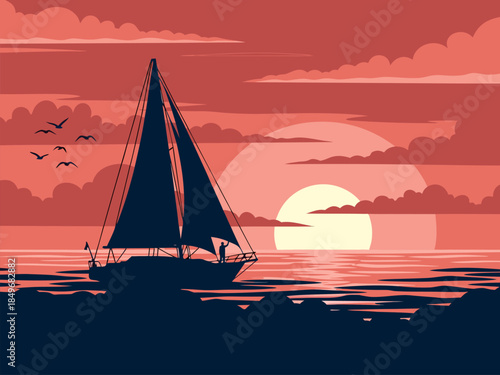 Vibrant sunset casts a warm glow over a serene sailboat gliding gracefully across tranquil ocean waves, a peaceful graphic illustration of nautical adventure