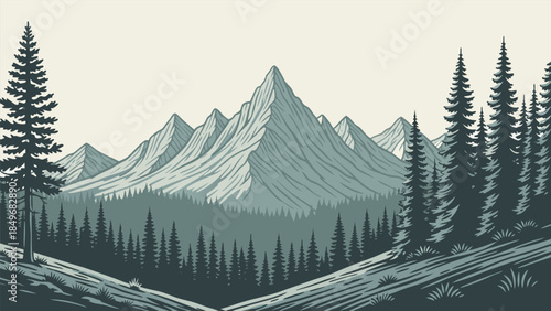 Serene minimalist vector illustration depicting a majestic mountain range shrouded by dense evergreen pine forests, conveying a sense of tranquil wilderness and natural beauty