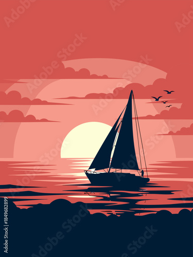 Vibrant vector illustration of a peaceful sailboat gracefully cruising on the tranquil ocean at sunset, with stunning reflections and clear skies