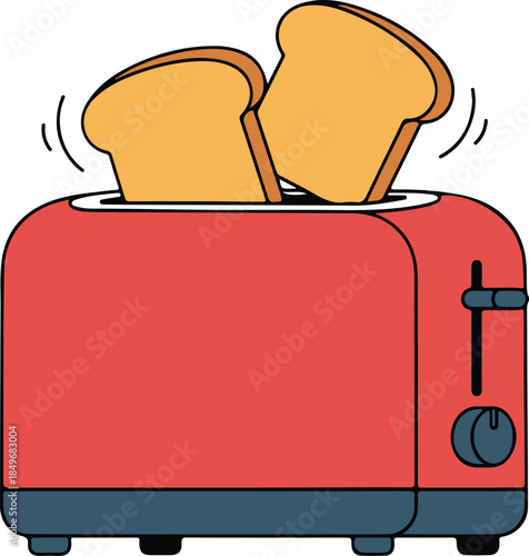 A red toaster popping up two slices of toast, warm and breakfast-themed vector illustration

