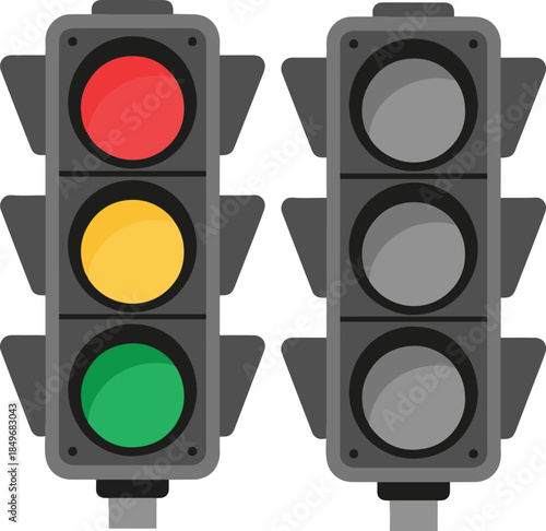 Two traffic lights — one active with red, yellow, green signals; one inactive — clean and symbolic vector illustration

