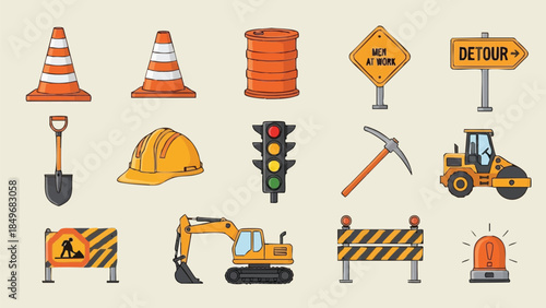 construction site equipment set icons.