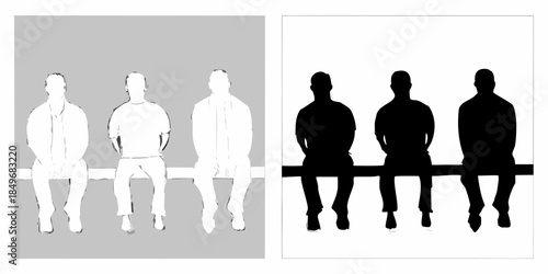 Three figures in white and black seated side by side on a bench