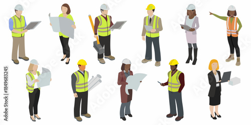 Isometric construction workers and professionals reviewing plans and site details