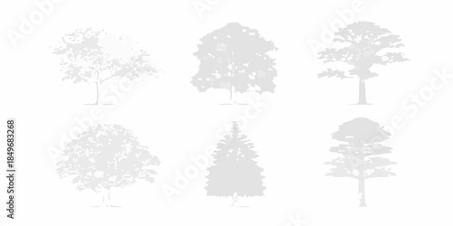 A collection of grayscale trees with varied shapes and foliage designs
