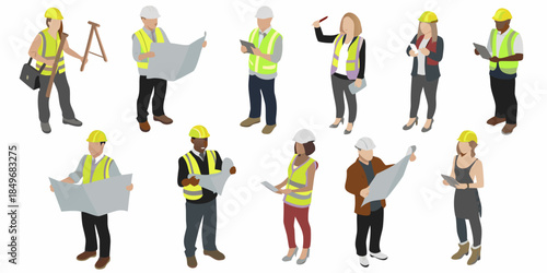 Isometric construction workers and architects reviewing plans in a collaborative setting