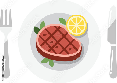 A plated grilled steak with lemon and herb garnish, elegant and appetizing vector illustration

