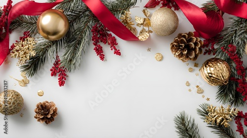 Christmas flat lay with golden decorations, red ribbons, and pine branches on white background
