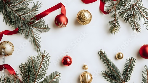 Festive Christmas flat lay with pine branches, red ribbons, and golden ornaments
