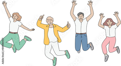 Four diverse people jumping with raised arms in celebration, cheerful group, casual outfits, thumbs-up gesture, happy moment, teamwork, success