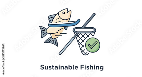 Illustration of a fish caught with a net, representing sustainable fishing practices.