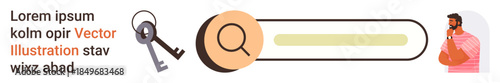 Cybersecurity, identity verification, online search, authentication, user safety, data access. Keys with search bar and thinking person illustration. Cybersecurity and identity verification concept
