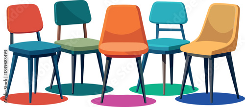 Colorful Modern Chairs Set with Wooden Legs for Interior Furniture Design Illustration