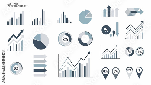 A set of infographic stats vector graphics, including bar charts, pie charts, and line graphs in a monochromatic color scheme on a white background. Perfect for presentations, reports, and
