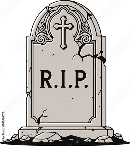 A weathered tombstone with “R.I.P.” and a cross, somber and classic vector illustration

