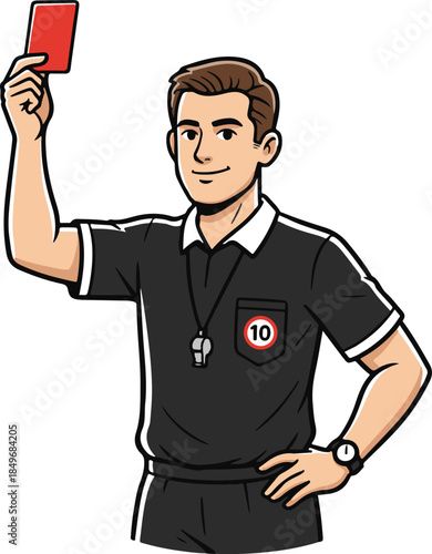 A confident soccer referee holding a red card, authoritative and professional vector illustration

