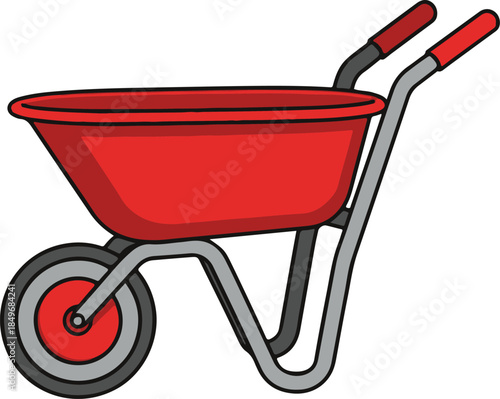 A red wheelbarrow with gray frame and handles, simple and functional vector illustration

