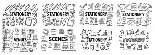 Variety of stationery and creative tools illustrated