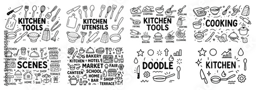 Kitchen tools and cooking utensils doodle set
