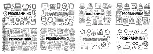 Hand-drawn programming concepts and icons collage