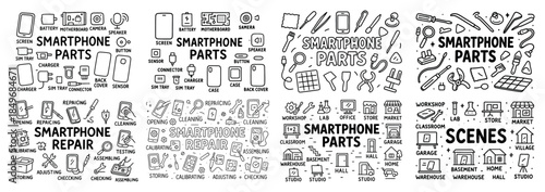 Smartphone parts and repair doodle collection