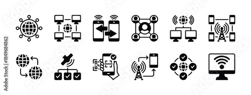 Modern global networking icons depicting diverse connectivity methods for worldwide communication and digital data exchange solutions