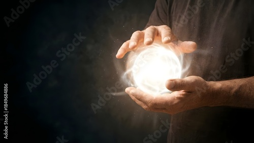 Hands Holding Bright Glowing Light Orb.