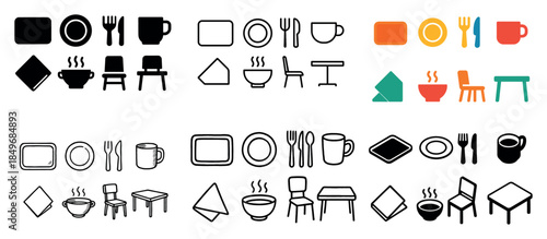 Dining icons set: plates, cups, cutlery