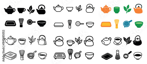 Tea set icons with cups and leaves