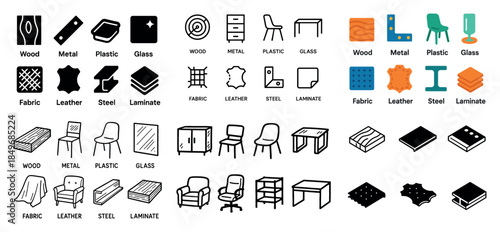 Furniture materials icons and symbols