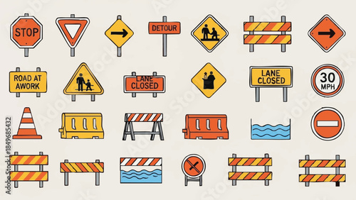 roadwork signs and barriers set.