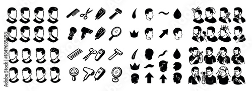 Barber icons: tools and hairstyles set