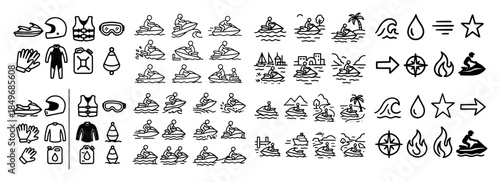 Jet ski icons set with waves and gear