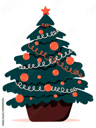 Christmas tree in the pot with toys,  star, tinsel. Vector illustration. Perfect for a postcard or poster for winter holidays